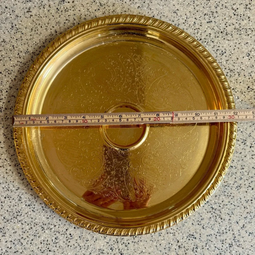Vtg.Wm Rogers 23k gold plated ornate floral etched tray.12” diameter.